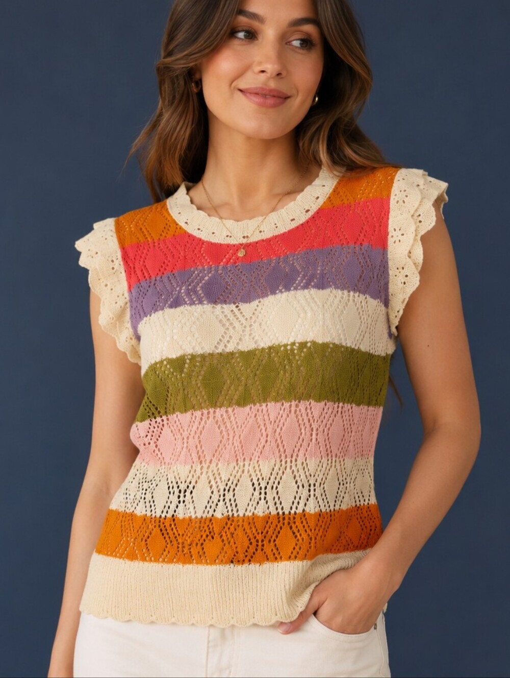 ADORA Colorful Rainbow Striped Peekaboo Knit Eyelet Oversized Sweater